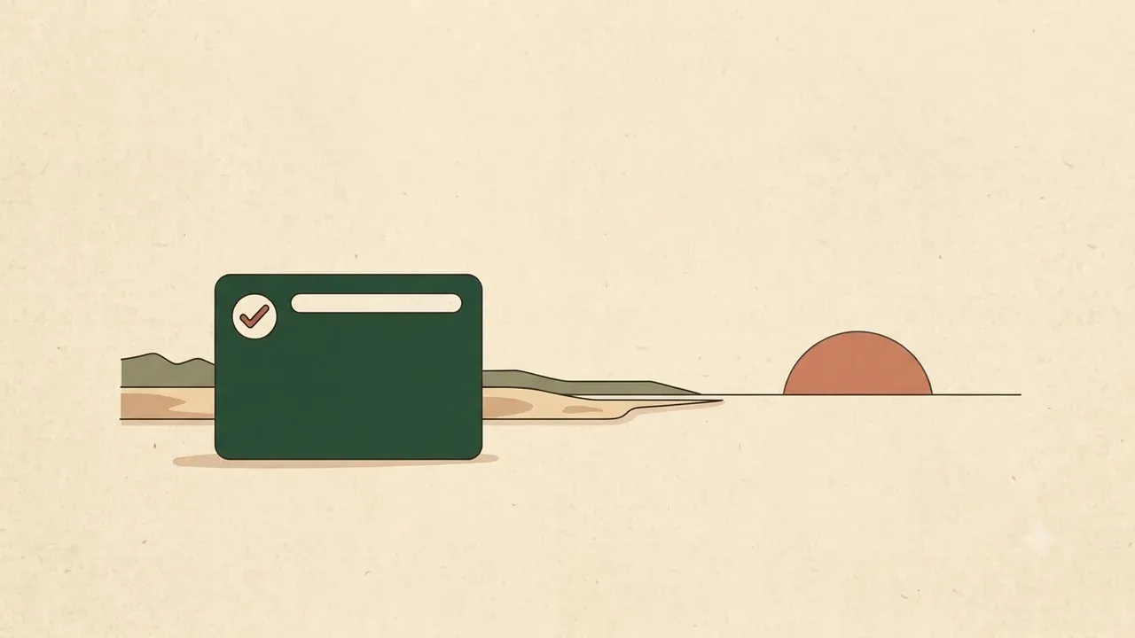 A green travel-permit card with the sun rising over a flat horizon.