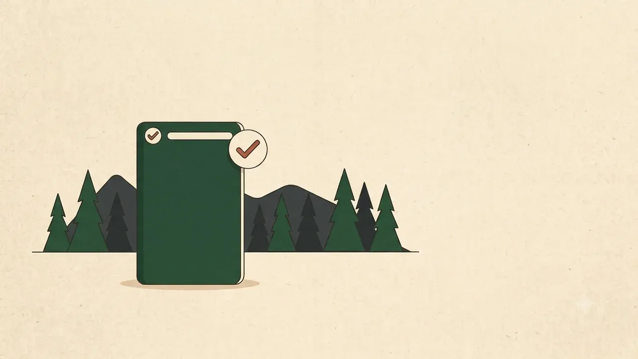 A green passport in front of pine forest and mountains.