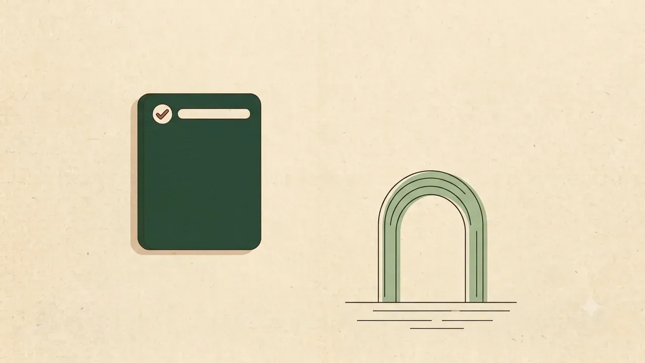 A green passport beside an archway.