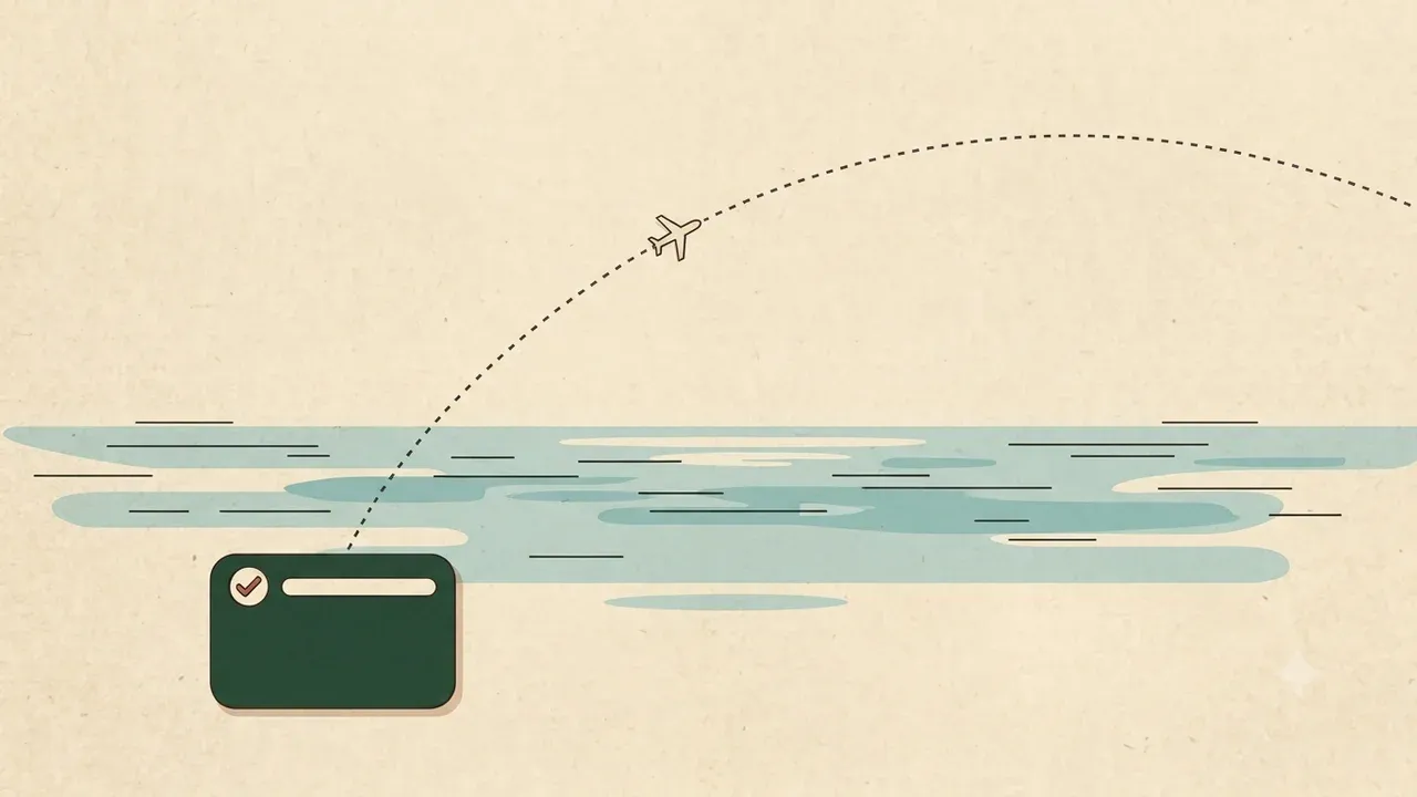 An approved travel-permit card with an airplane's dotted flight path over water.